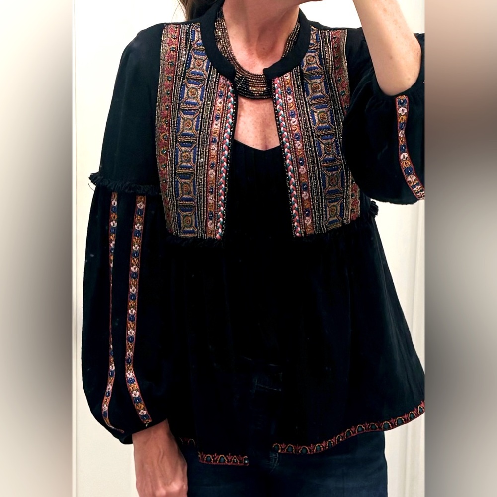 Zara Black Embroidered Boho Jacket with Multicolor Trim